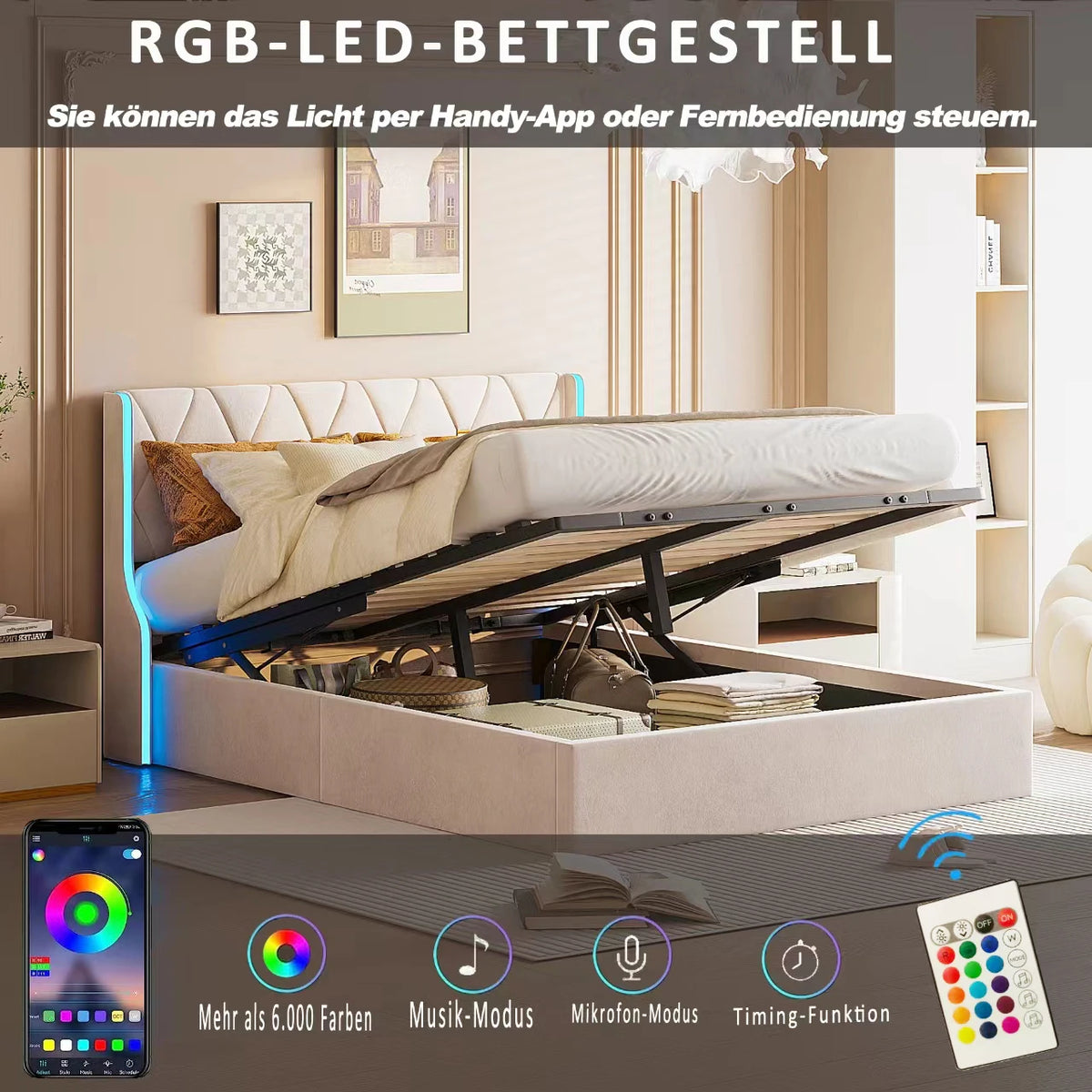 160x200 storage bed with slatted base, Bedside wing lights, Double bed，Hydraulic type, velvet fabric, beige - vue 3 sur 6
