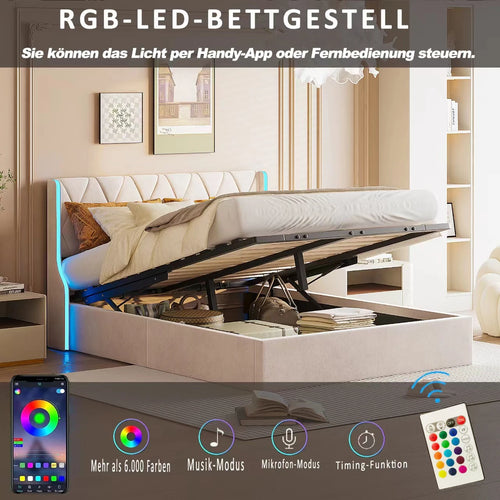160x200 storage bed with slatted base, Bedside wing lights, Double bed，Hydraulic type, velvet fabric, beige - vue 4 sur 6