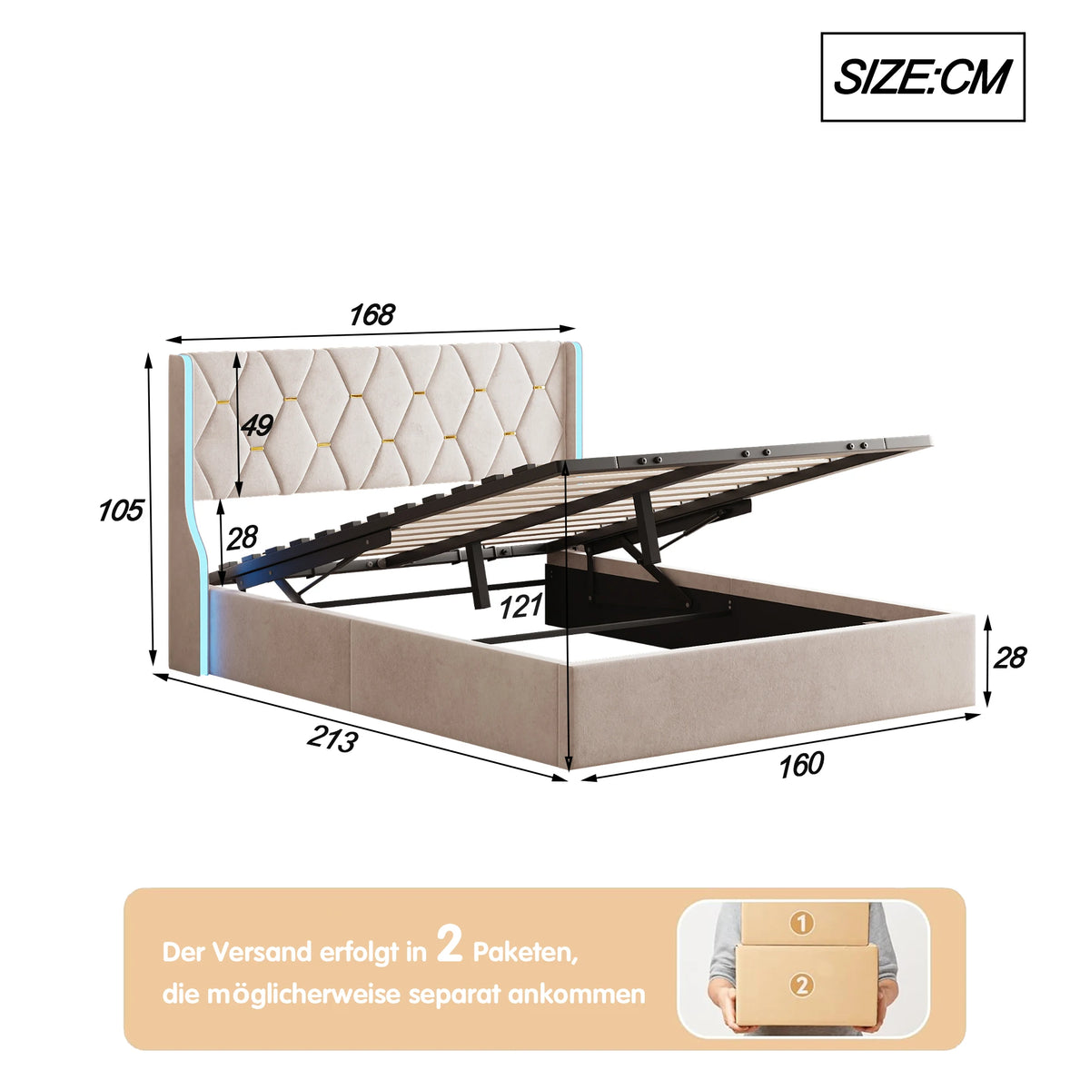 160x200 storage bed with slatted base, Bedside wing lights, Double bed，Hydraulic type, velvet fabric, beige