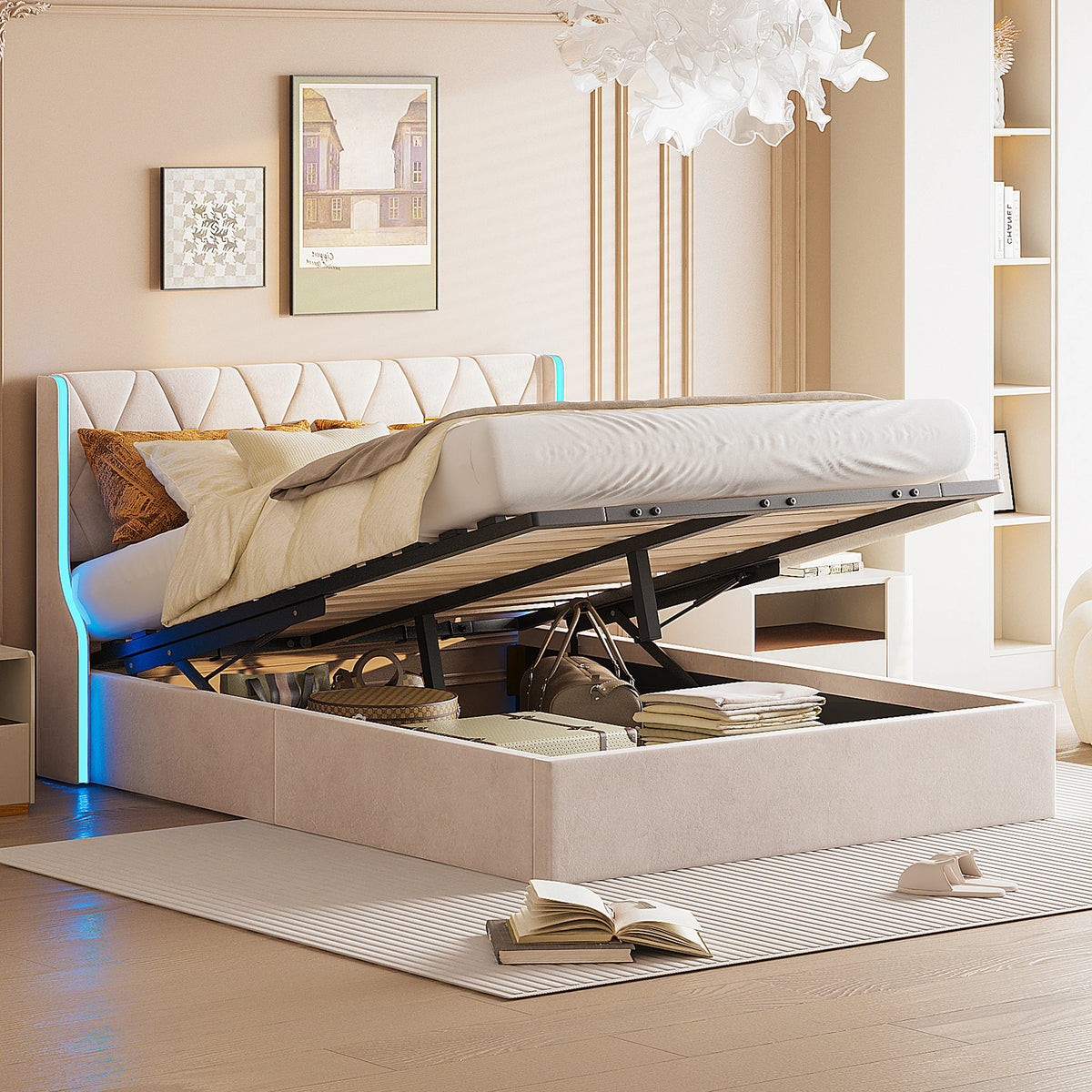 160x200 storage bed with slatted base, Bedside wing lights, Double bed，Hydraulic type, velvet fabric, beige - vue 2 sur 6