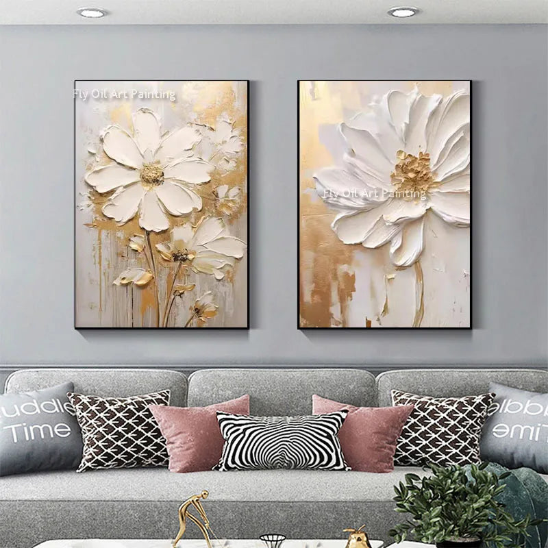 grande peinture à lhuile fleurs abstrait art mural décor intérieur - vue 6 sur 7
