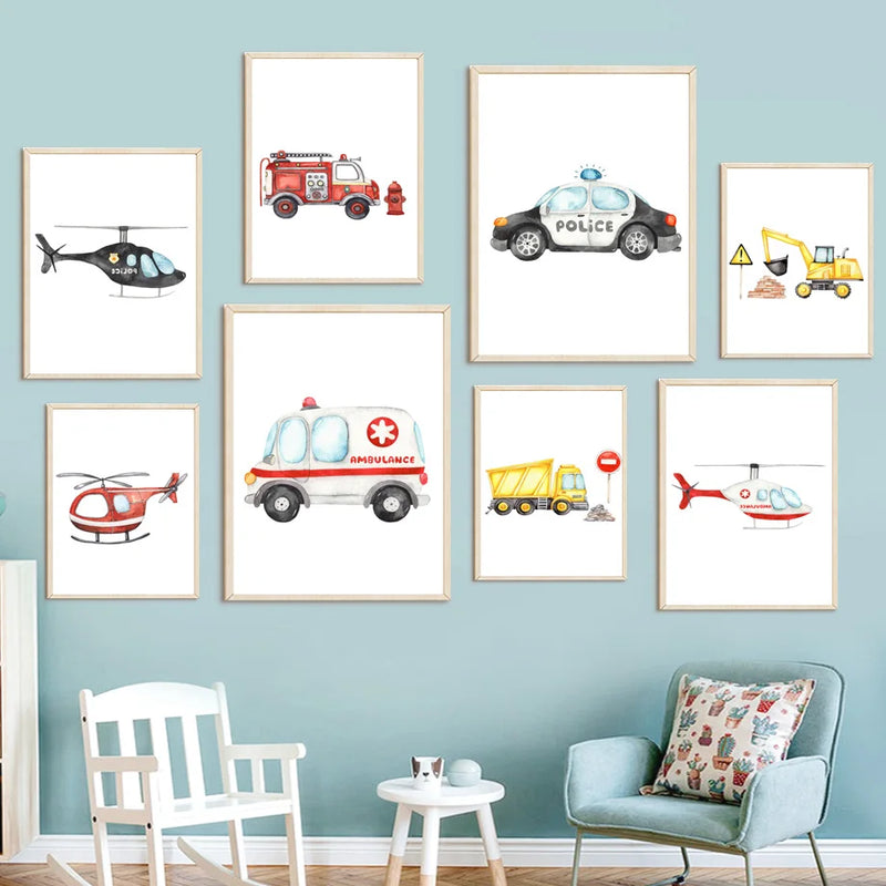 décoration murale camion de pompiers ambulance et avion pour enfants