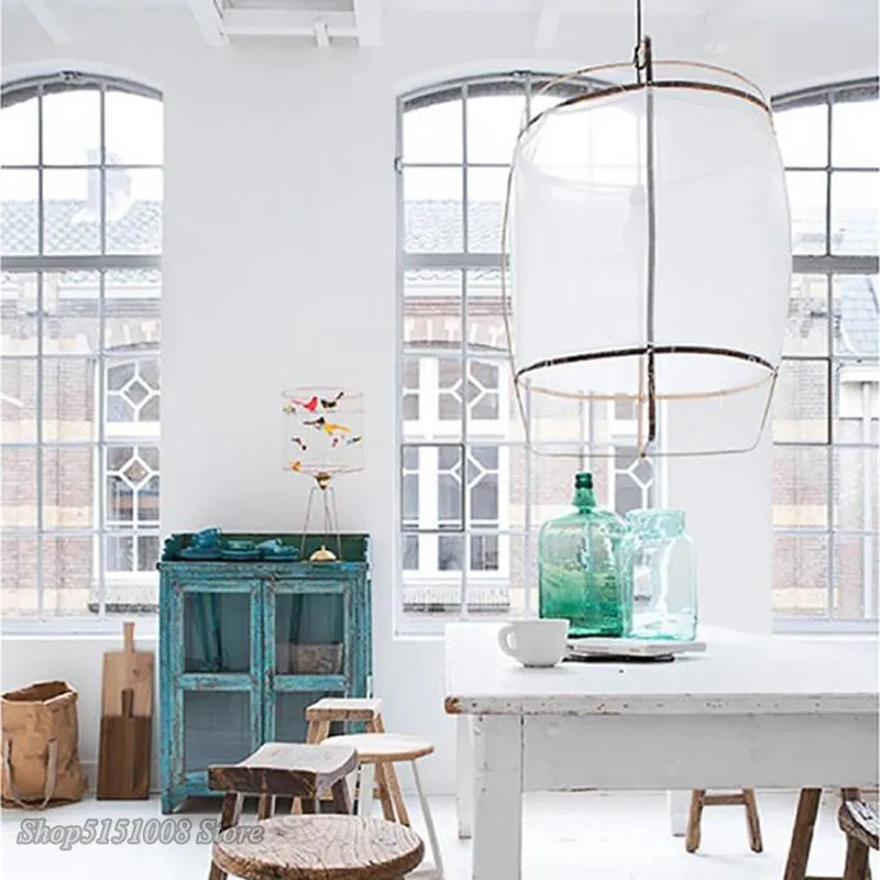 lampes suspendues créatives en bambou et lin nordique - vue 5 sur 6