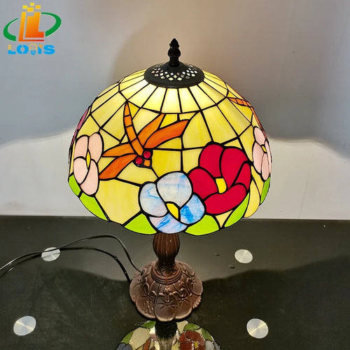 Tischlampe im Tiffany-Stil mit Blumen und Libellen dekorativ - vue 4 sur 6
