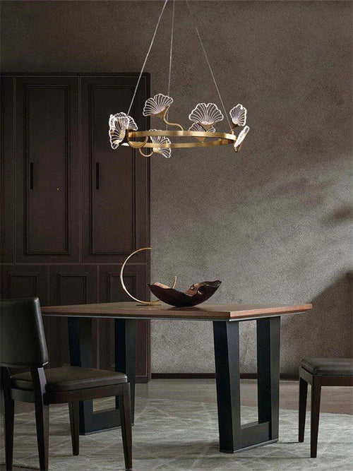 lustre en cuivre simple avec feuilles led style chinois - vue 4 sur 9