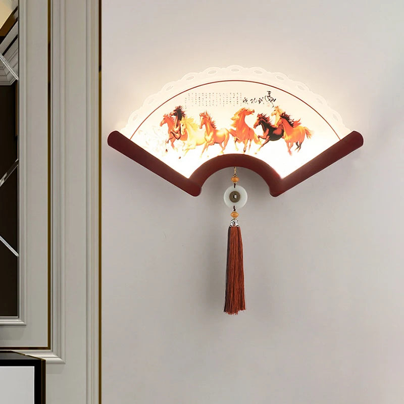 applique murale en bois éventail style rétro japonais à LED - vue 3 sur 18