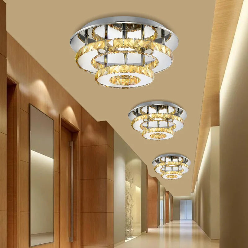 lustre moderne en acier inoxydable avec cristaux et led