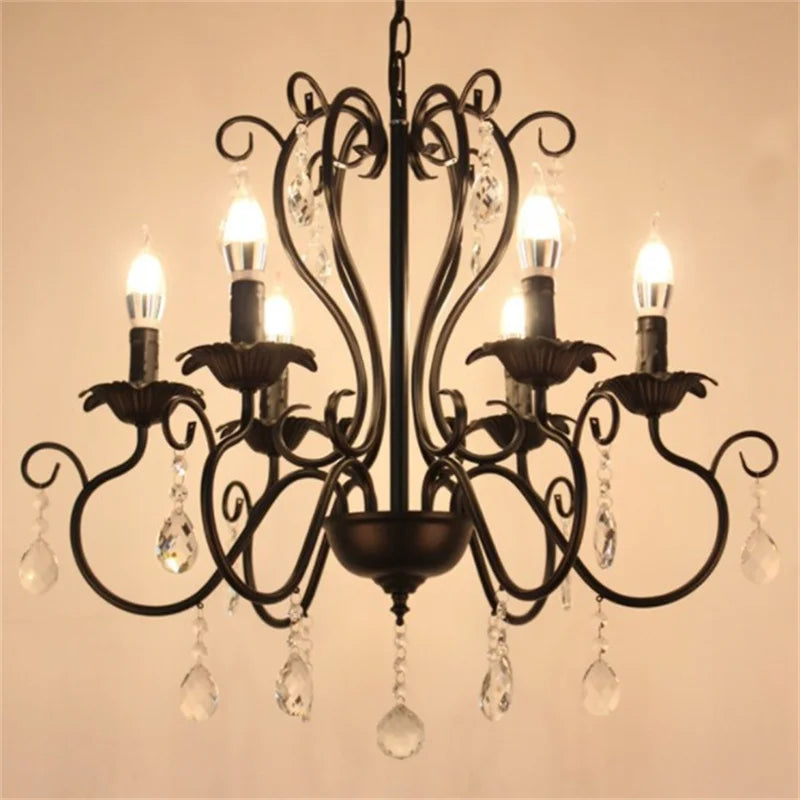 Lustre industriel rétro en fer forgé avec cristaux pour décoration intérieure
