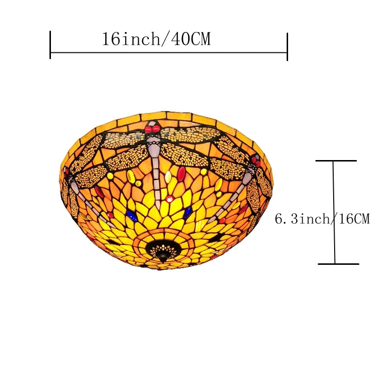 16Inch Dragonfly Ceiling Light Tiffany Style Glass Lamp European Retro Decorative Lighting Bedroom Balcony Bar LED Lighting E27 - vue 5 sur 6