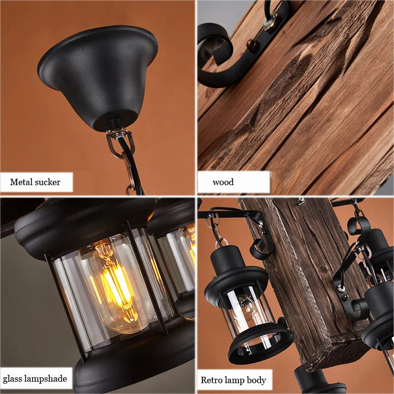 Suspension industrielle en bois avec luminaire en verre - vue 7 sur 7
