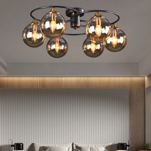 lustre industriel en verre ambré design nordique métal pour foyer et restaurant