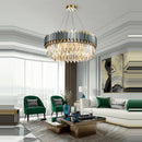 Eleganter und moderner Art-Déco-Kronleuchter aus Edelstahl und Kristall