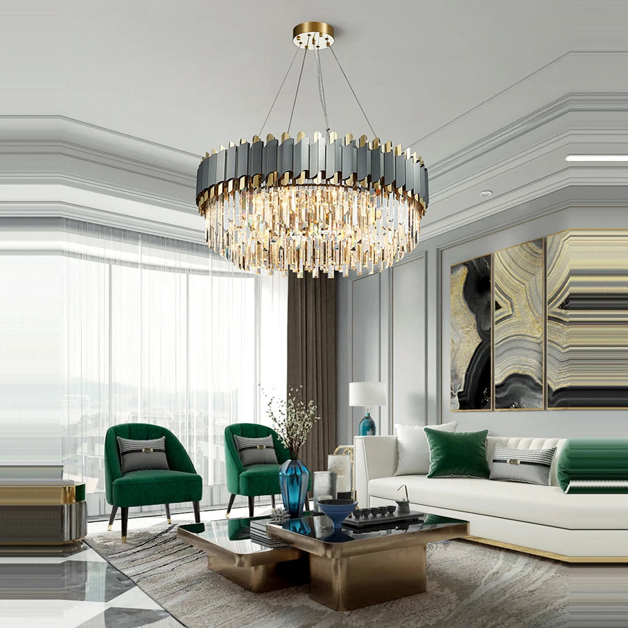 Eleganter und moderner Art-Déco-Kronleuchter aus Edelstahl und Kristall - vue 5 sur 15