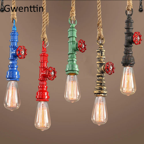 Vintage Pendelleuchte im Steampunk-Stil aus Industrierohren und Hanfseil - vue 5 sur 11