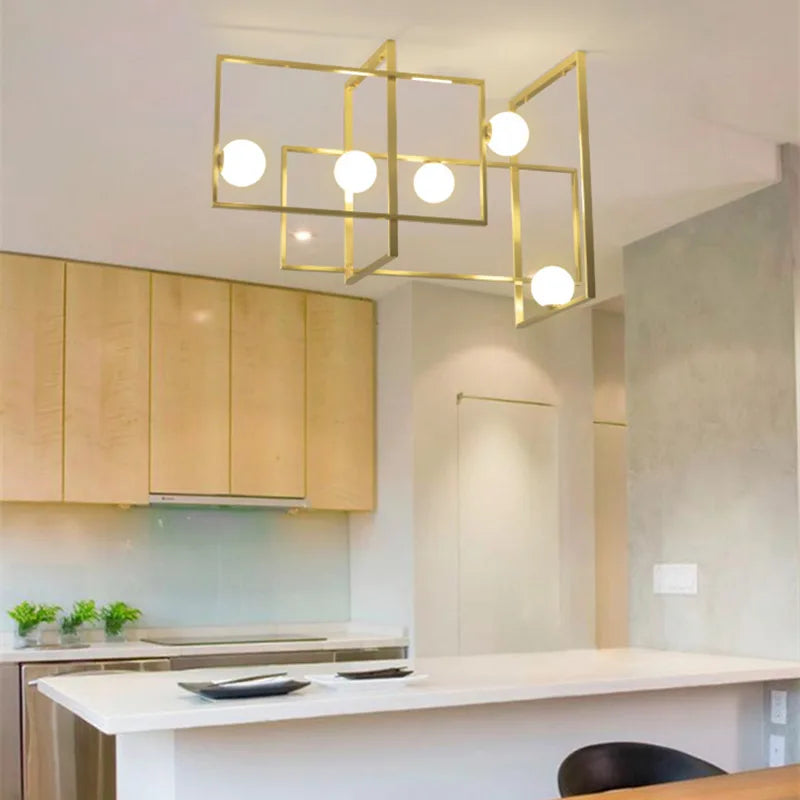 lustre led moderne design innovant cadre doré boule verre - vue 6 sur 8