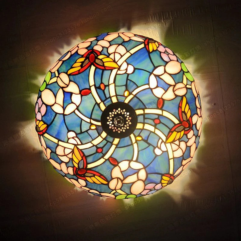 plafonnier fleurs papillons style campagne lampes rétro en verre artisanales - vue 2 sur 5