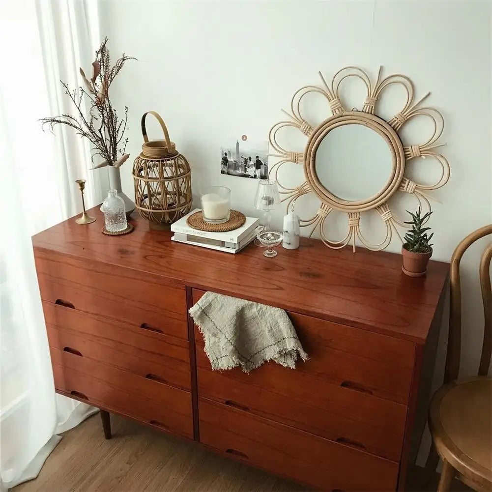 miroir mural rétro en osier pour décoration intérieure