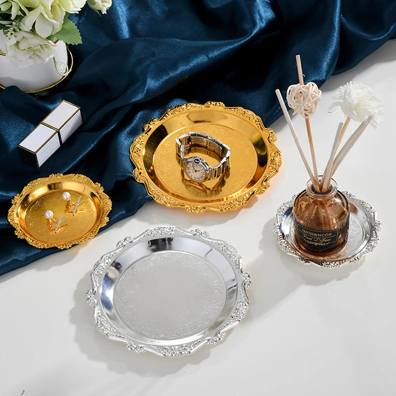 Vintage Relief Storage Tray Mirror Iron Decorative Tray, Jewelry Display Plate, Desktop Candle Sundries Storage Organi