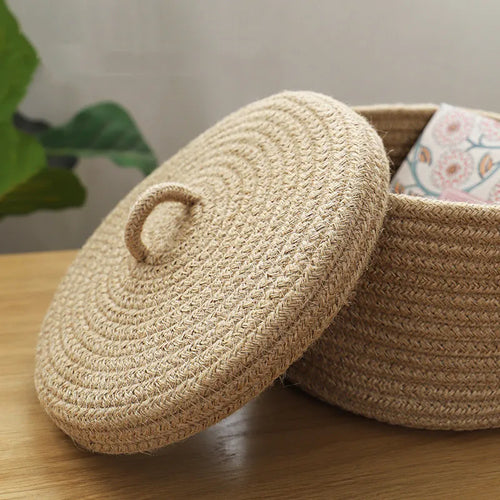 Cosmetics Storage Box, Jute Woven Basket, Tabletop Key, Remote Control Container, Snack Case with Cover Organizer, ECO Friendly - vue 5 sur 11