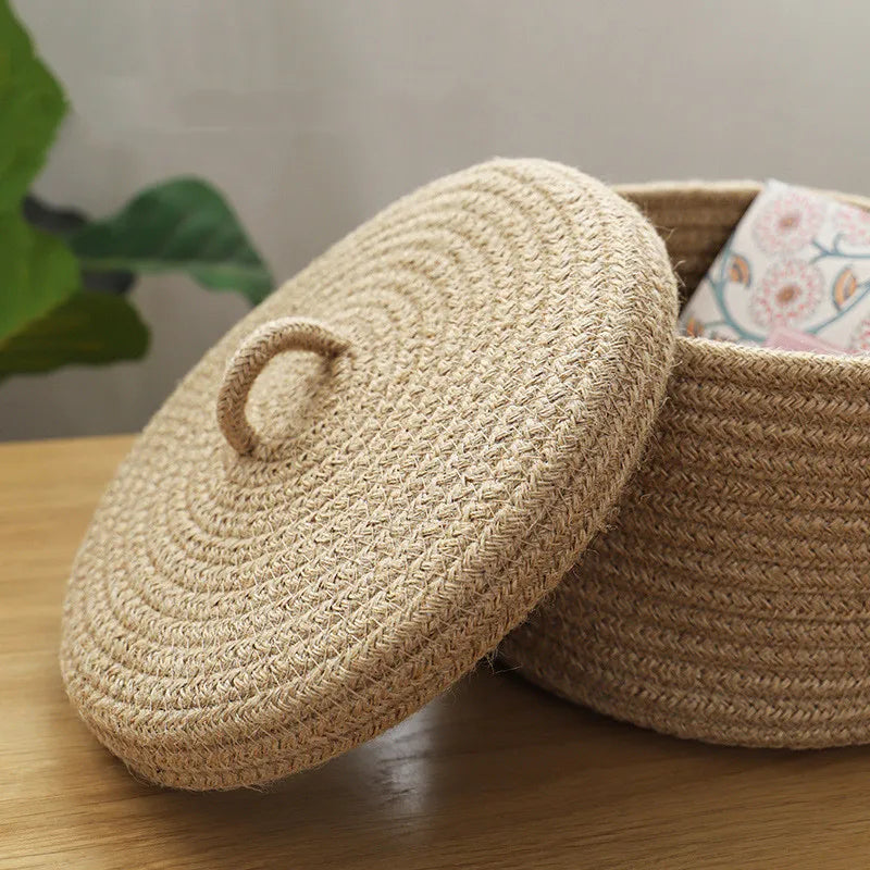 Cosmetics Storage Box, Jute Woven Basket, Tabletop Key, Remote Control Container, Snack Case with Cover Organizer, ECO Friendly - vue 4 sur 11