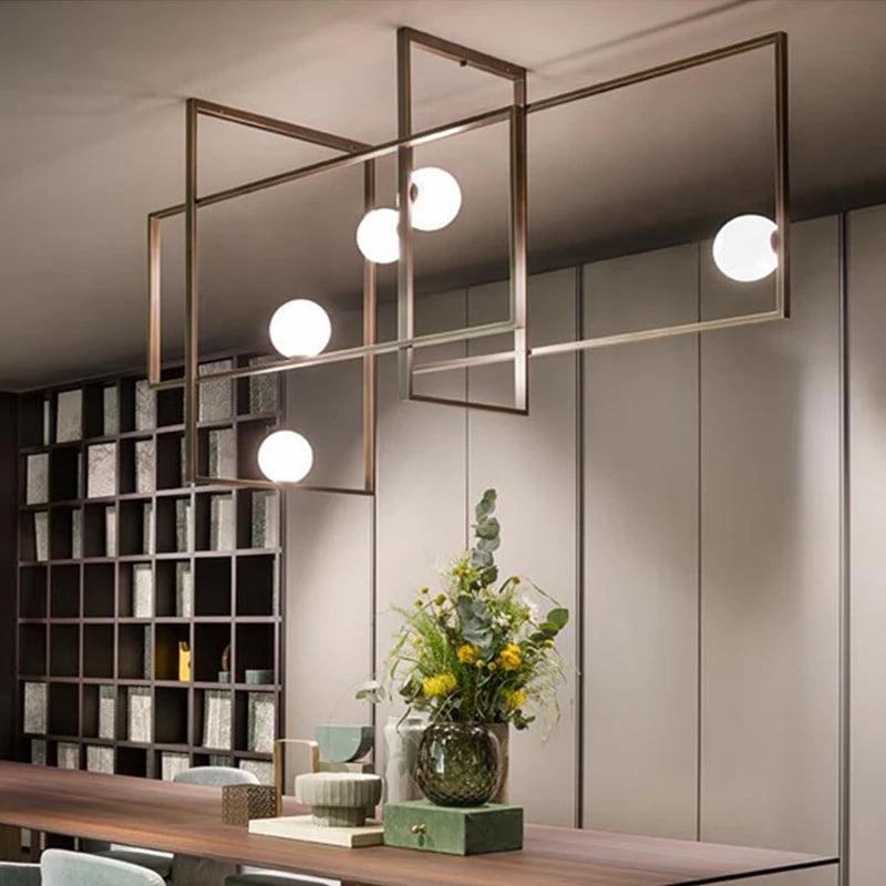 lustre led moderne design innovant cadre doré boule verre - vue 7 sur 8