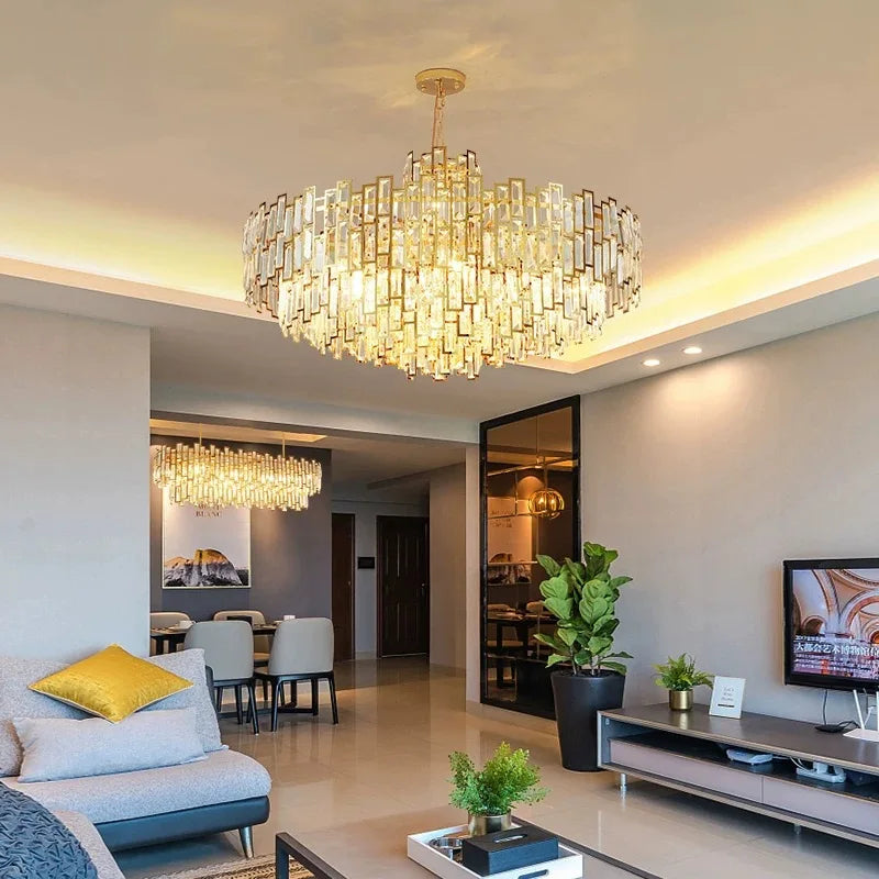lustre design led moderne en cristal argenté et doré suspendu - vue 4 sur 13