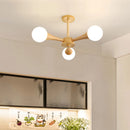 Moderner Kronleuchter aus Holz mit Glas-Lampenschirm