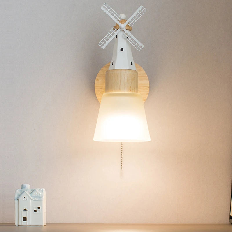 Décor nordique moulin à vent applique murale appliques pour la maison salon enfants chambre chevet miroir lumières bois luminaire - vue 3 sur 8