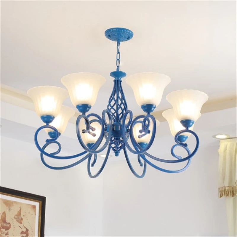 lustre suspendu en fer forgé avec abat jour en verre vintage - vue 4 sur 9