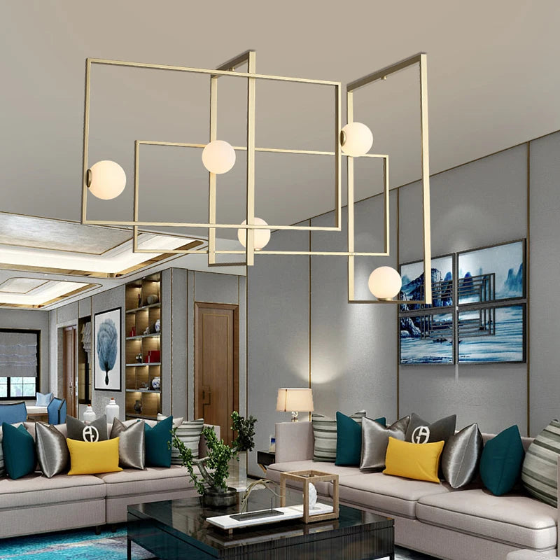 lustre led moderne design innovant cadre doré boule verre - vue 2 sur 8