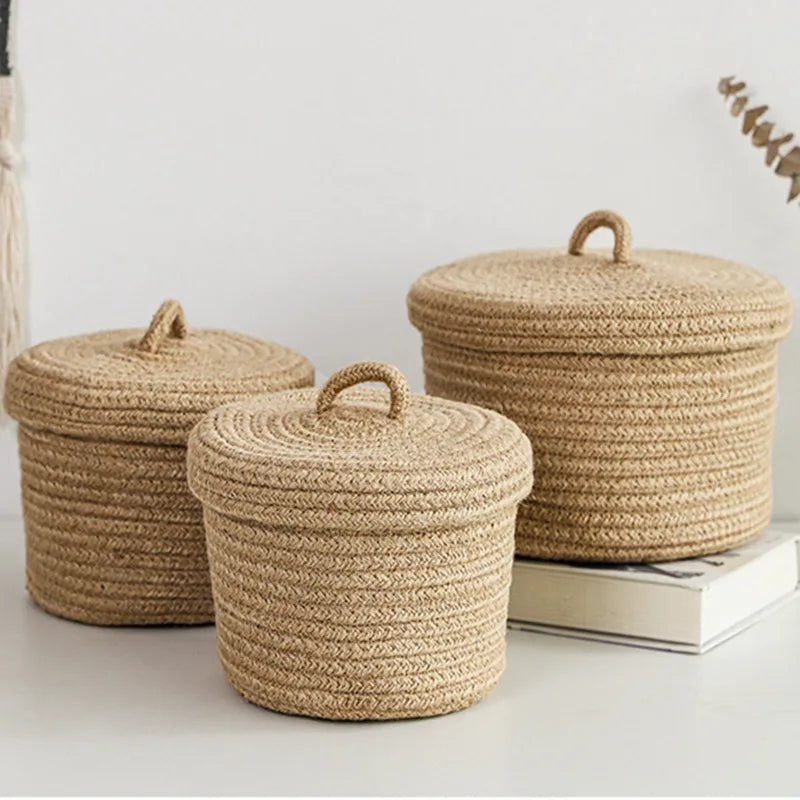 Cosmetics Storage Box, Jute Woven Basket, Tabletop Key, Remote Control Container, Snack Case with Cover Organizer, ECO Friendly