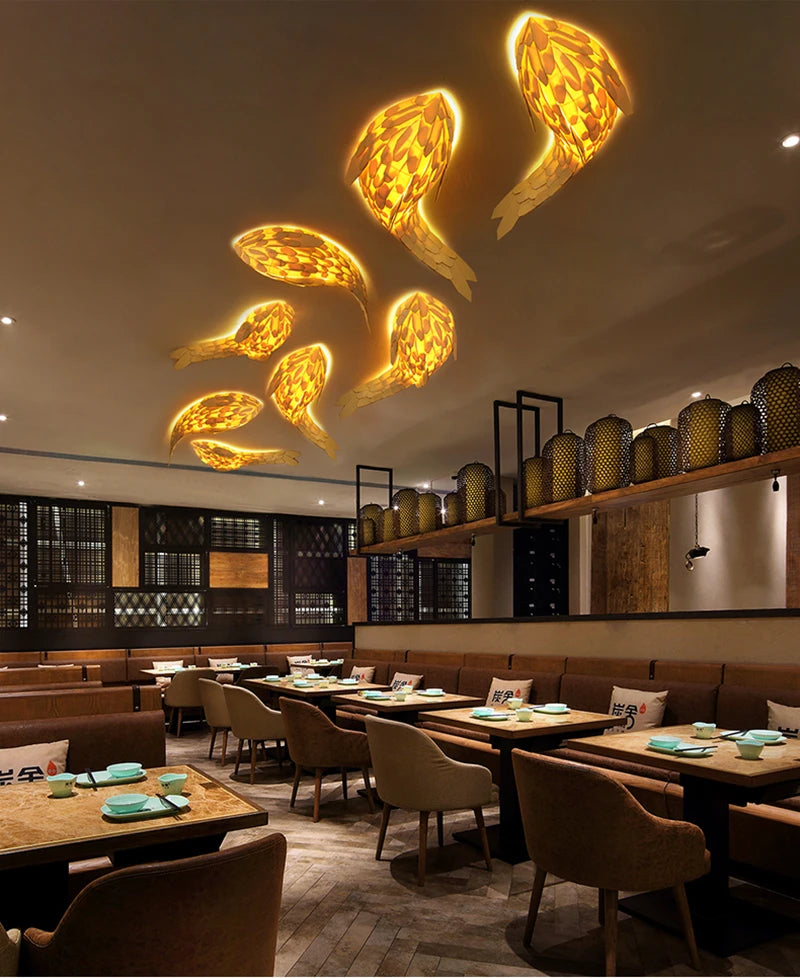 plafonnier baleine Style japonais en bois massif dauphin Restaurant asiatique Hotpot boutique lampe carpe poisson applique décorative - vue 4 sur 9