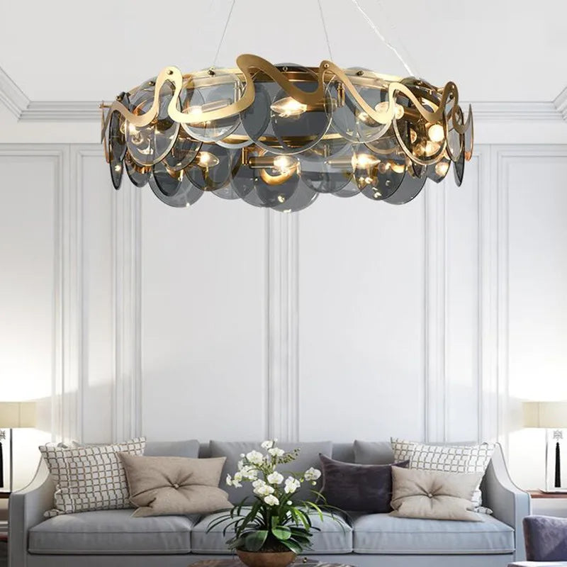 lustre rond en verre et fer pour éclairage intérieur - vue 5 sur 12