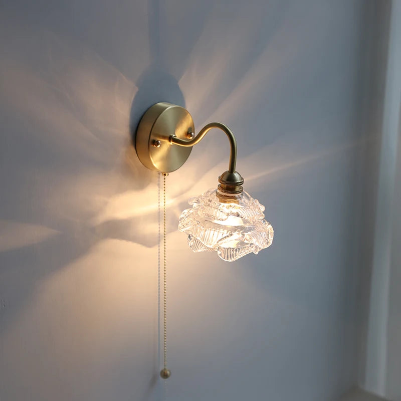 Applique murale fleur verre cuivre tirer chaîne interrupteur LED chambre salle de bain miroir escalier lumière nordique moderne - vue 6 sur 22