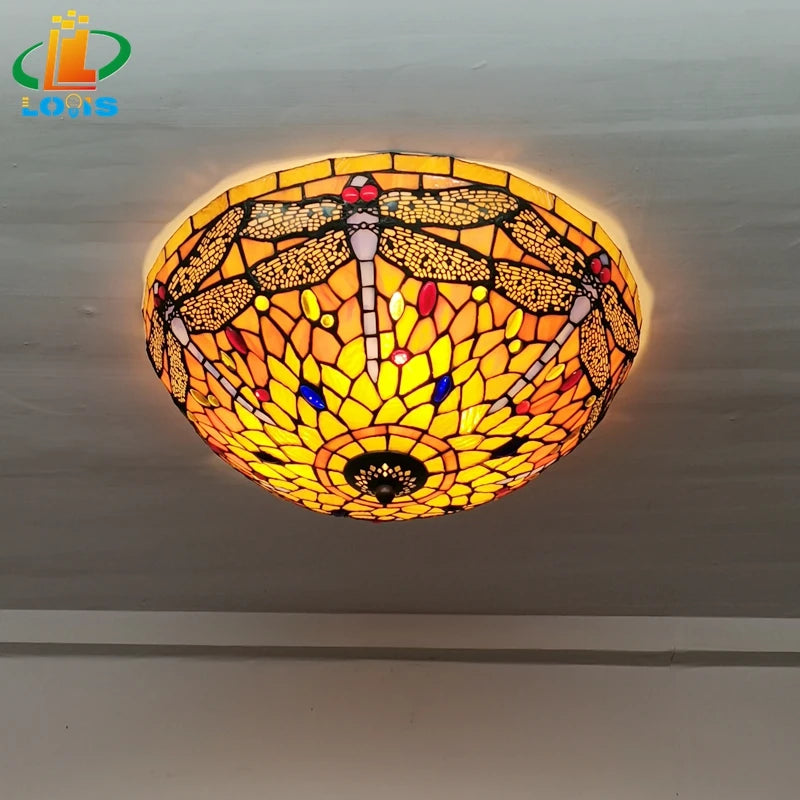 16Inch Dragonfly Ceiling Light Tiffany Style Glass Lamp European Retro Decorative Lighting Bedroom Balcony Bar LED Lighting E27 - vue 4 sur 6