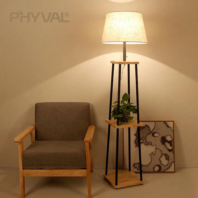Lampadaire Nordique bois sur pied tissu interrupteur - vue 6 sur 17