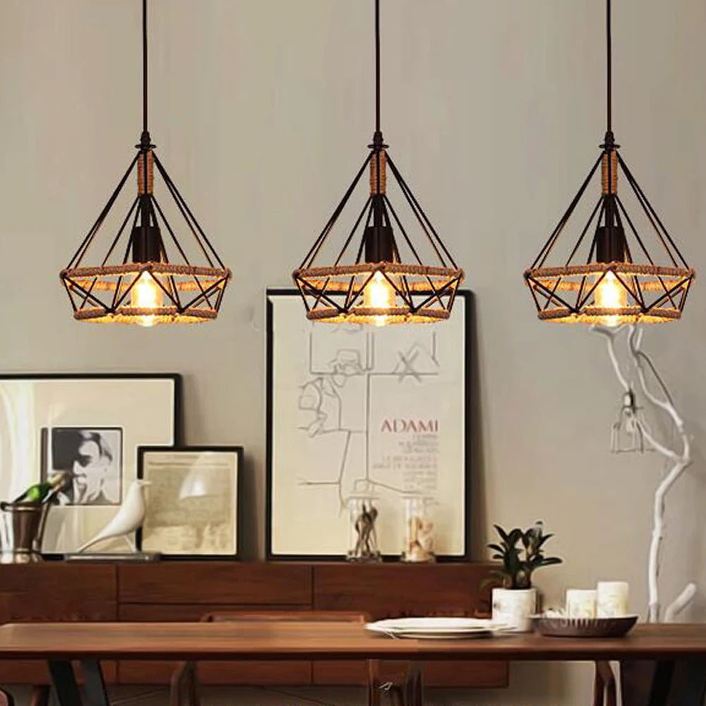 lampe suspendue industrielle vintage en corde de chanvre pour décoration intérieure