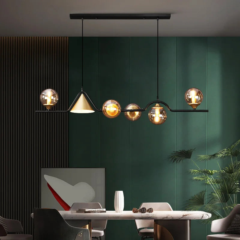 lustre rustique nordique en verre et fer noir décoratif - vue 2 sur 9