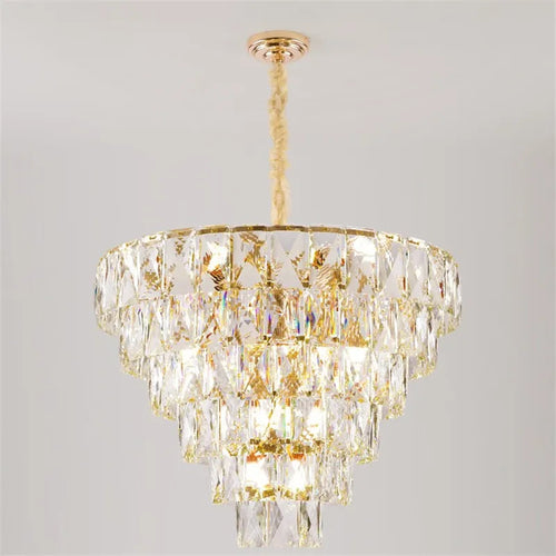 lustre rond en acier doré avec cristal et éclairage led intérieur - vue 2 sur 9