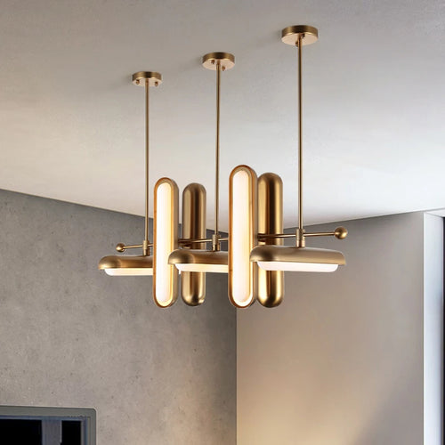 Postmoderner goldener Art-déco-Kronleuchter aus Eisen und Glas für Esszimmer - vue 5 sur 12