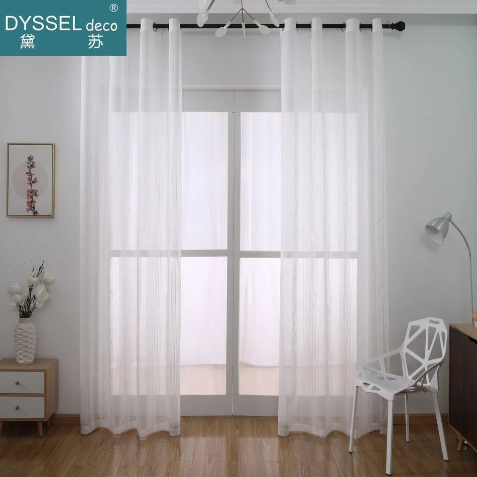 Rideau lin et tulle rayures style europeen salon - vue 3 sur 6