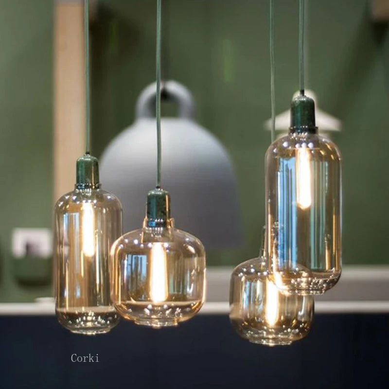 suspension à led en verre et marbre design danois rétro industriel - vue 11 sur 12