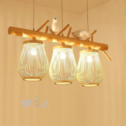 Moderne Pendelleuchte aus Holz und Bambus mit dekorativem Vogeldesign - vue 3 sur 10