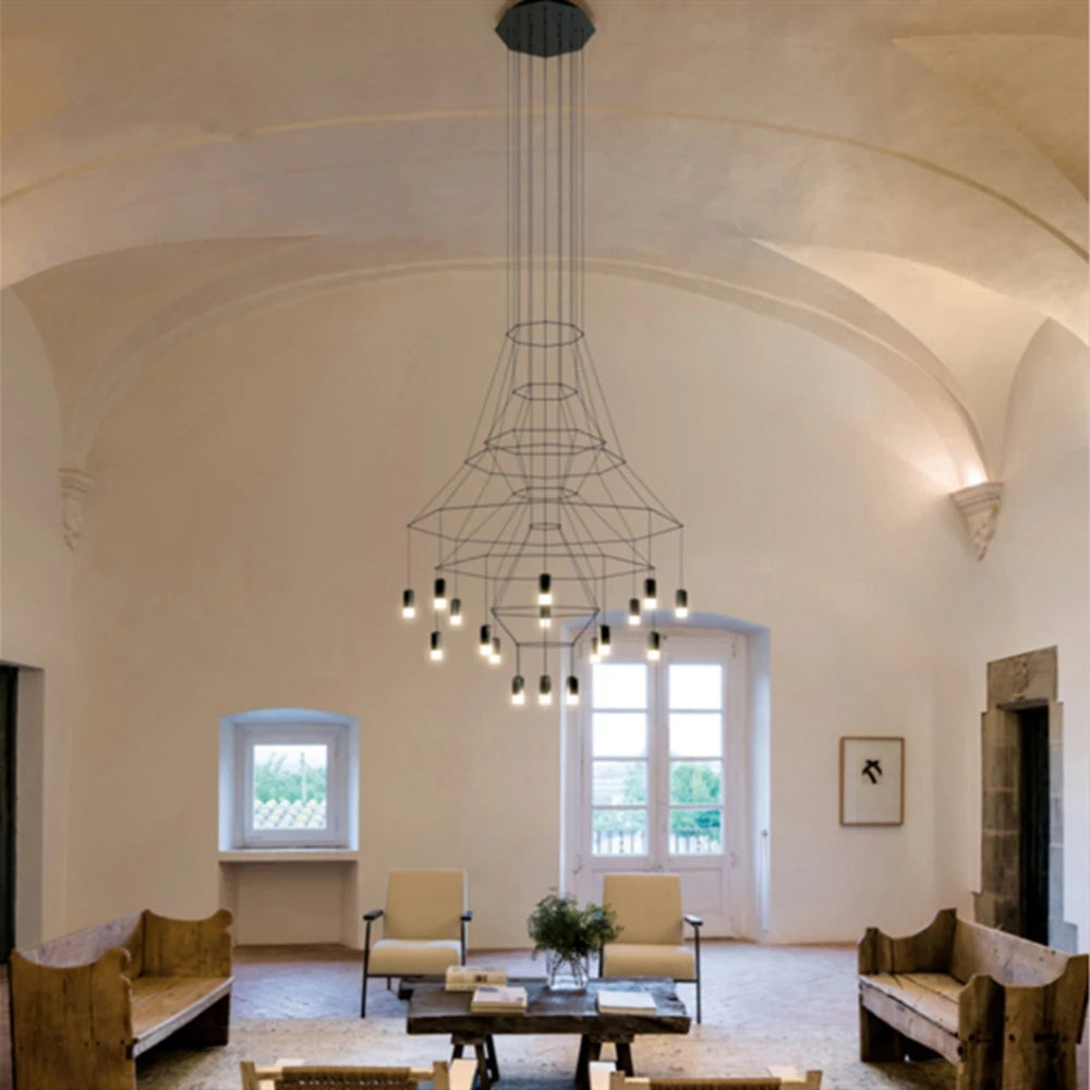 Postmoderne Long lustre noir Design Led Wireflow lustres salle à manger hall Loft maison décorer escalier lumière rustique - vue 4 sur 6