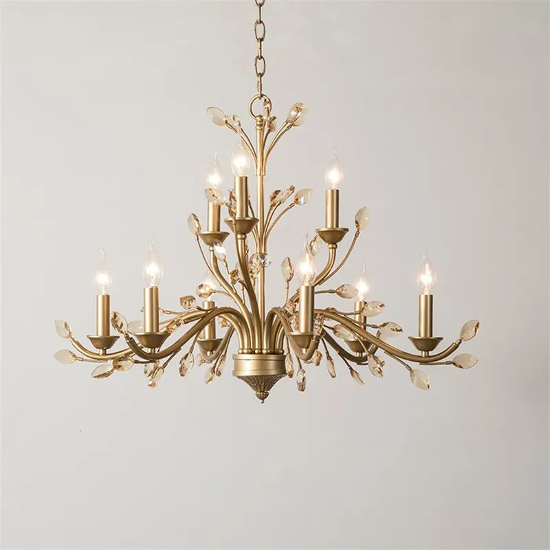 lustre américain en fer forgé avec cristal vintage en branches dorées - vue 5 sur 6