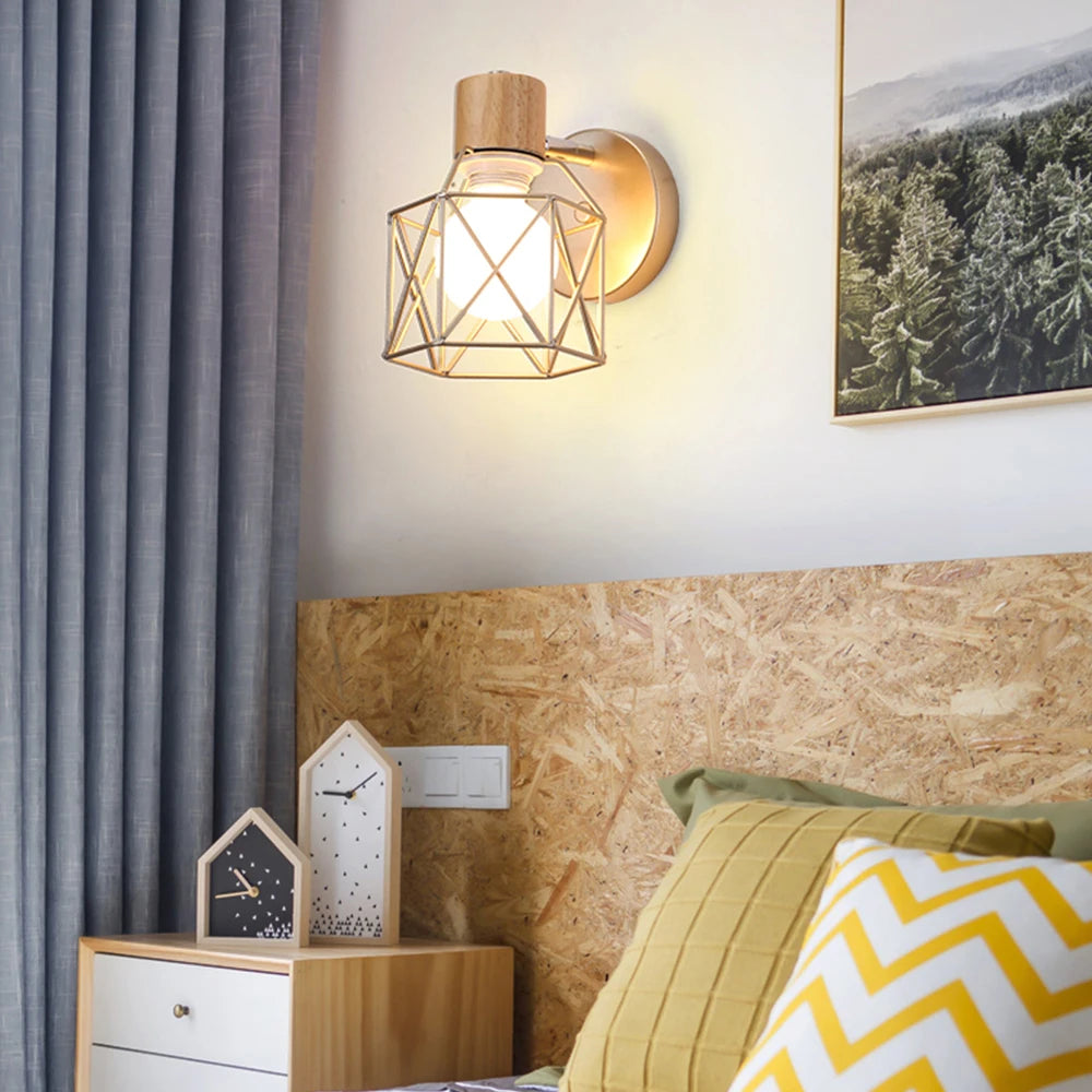 applique murale led moderne en bois avec cage en fer - vue 5 sur 9