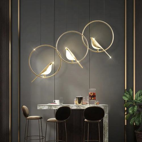 Moderne LED-Pendelleuchte Vogel Fantasie vergoldet höhenverstellbar - vue 4 sur 18