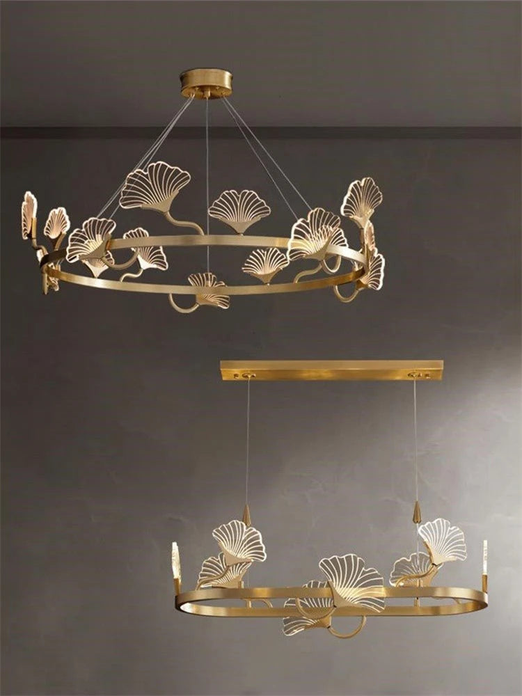 lustre en cuivre simple avec feuilles led style chinois - vue 6 sur 9