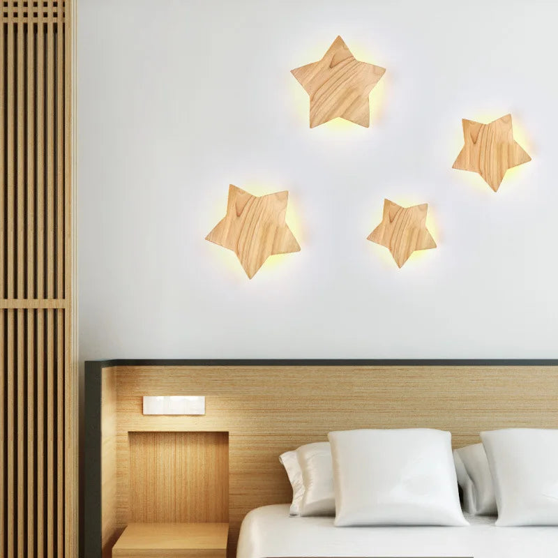 applique murale led étoile en bois art créatif moderne japonais coréen - vue 3 sur 7