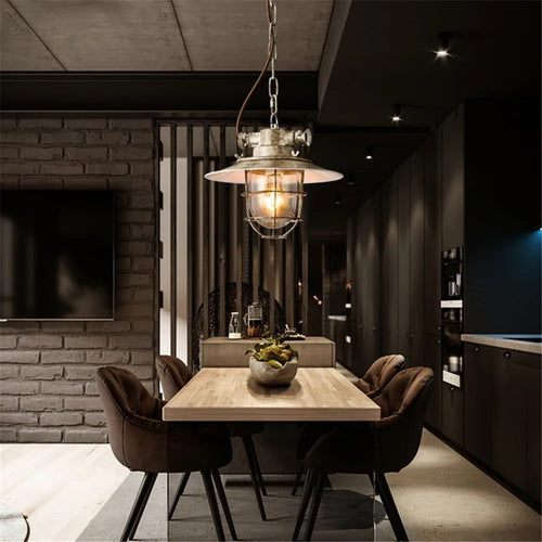 Industrielle LED-Pendelleuchte im Retro-Stil aus Eisen und explosionsgeschütztem Glas Vintage - vue 6 sur 8
